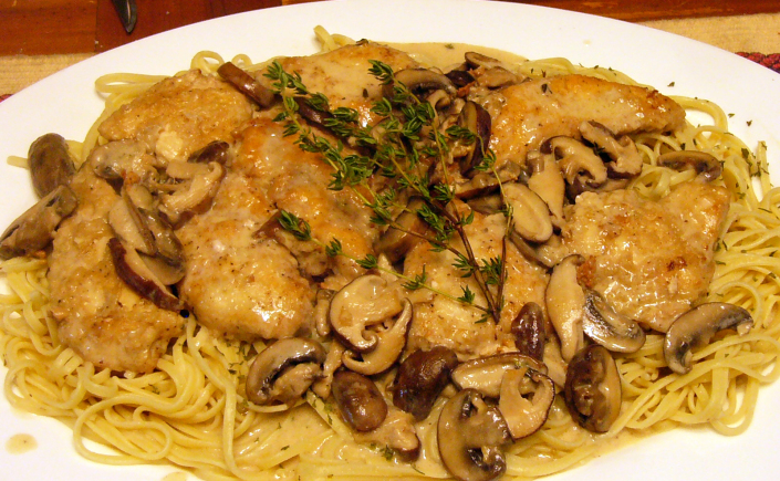 Italian Mushroom Asiago Chicken over Simple Garlic&nbsp;Linguine