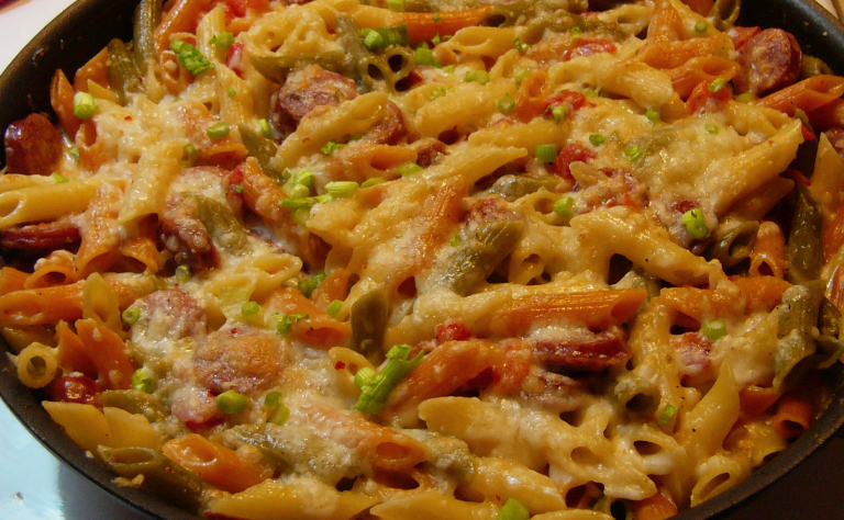 Spicy Sausage Pasta with Mexican Tortilla Salad and Avocado&nbsp;Dressing