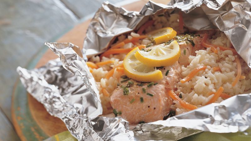 Grilled Lemon with Salmon-Rice Foil&nbsp;Packs