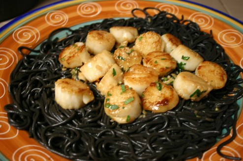 Seared Scallops over Squid Ink Spaghetti (10)